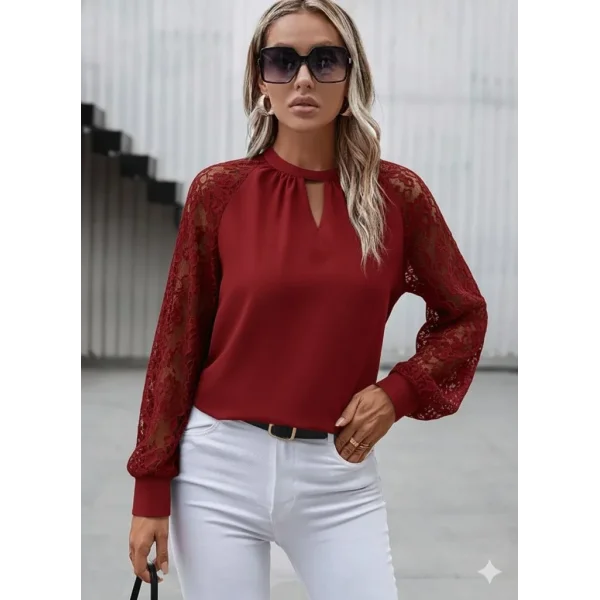 Kadın Uzun Dantel Kollu Yuvarlak Yakalı Sandy Bluz