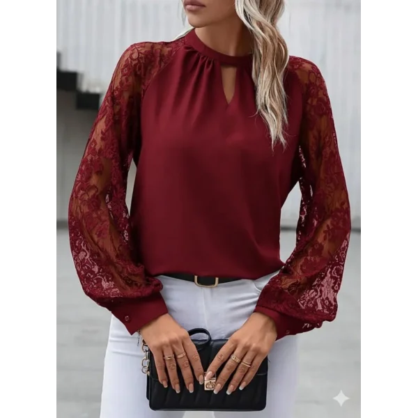 Kadın Uzun Dantel Kollu Yuvarlak Yakalı Sandy Bluz