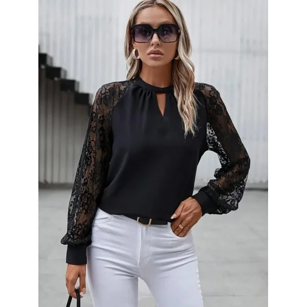 Kadın Uzun Dantel Kollu Yuvarlak Yakalı Sandy Bluz