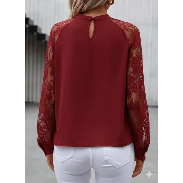 Kadın Uzun Dantel Kollu Yuvarlak Yakalı Sandy Bluz