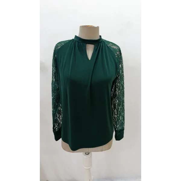 Kadın Uzun Dantel Kollu Yuvarlak Yakalı Sandy Bluz