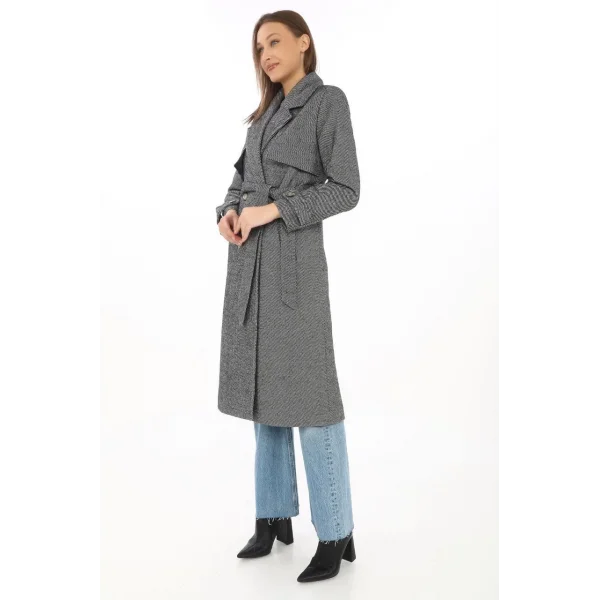 Kadın Uzun Kaşe Kaban – Balık Sırtı Dokuma Kaşmir Kumaş, Kruvaze Yaka, Kuşaklı Cepli Model, Oversize Rahat Kalıp - Boyalı Gri