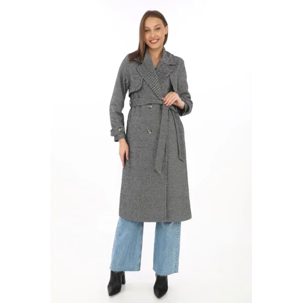 Kadın Uzun Kaşe Kaban – Balık Sırtı Dokuma Kaşmir Kumaş, Kruvaze Yaka, Kuşaklı Cepli Model, Oversize Rahat Kalıp - Boyalı Gri