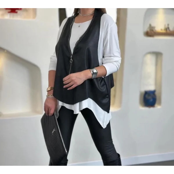 Kadın Uzun Kol Asimetrik Kesim Viskon Bluz Ve çatlak Deri Görünümlü Fermuar Detaylı Yelek Ikili Takım
