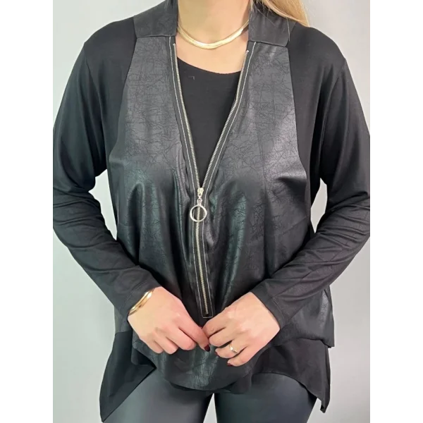 Kadın Uzun Kol Asimetrik Kesim Viskon Bluz Ve çatlak Deri Görünümlü Fermuar Detaylı Yelek Ikili Takım