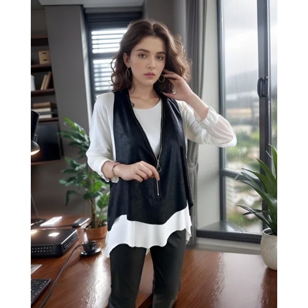 Kadın Uzun Kol Asimetrik Kesim Viskon Bluz Ve çatlak Deri Görünümlü Fermuar Detaylı Yelek Ikili Takım