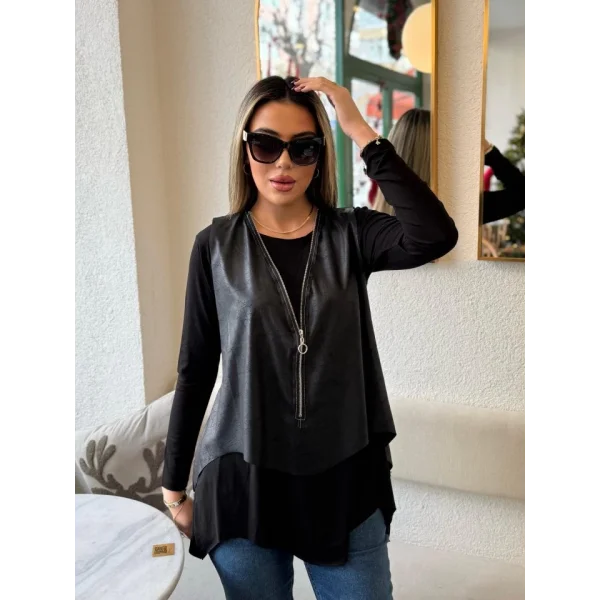 Kadın Uzun Kol Asimetrik Kesim Viskon Bluz Ve çatlak Deri Görünümlü Fermuar Detaylı Yelek Ikili Takım