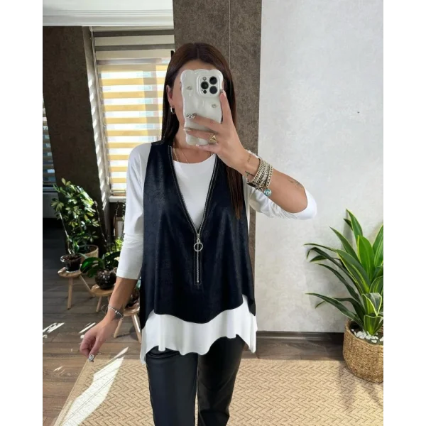 Kadın Uzun Kol Asimetrik Kesim Viskon Bluz Ve çatlak Deri Görünümlü Fermuar Detaylı Yelek Ikili Takım