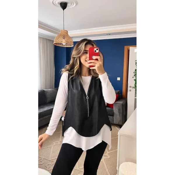 Kadın Uzun Kol Asimetrik Kesim Viskon Bluz Ve çatlak Deri Görünümlü Fermuar Detaylı Yelek Ikili Takım