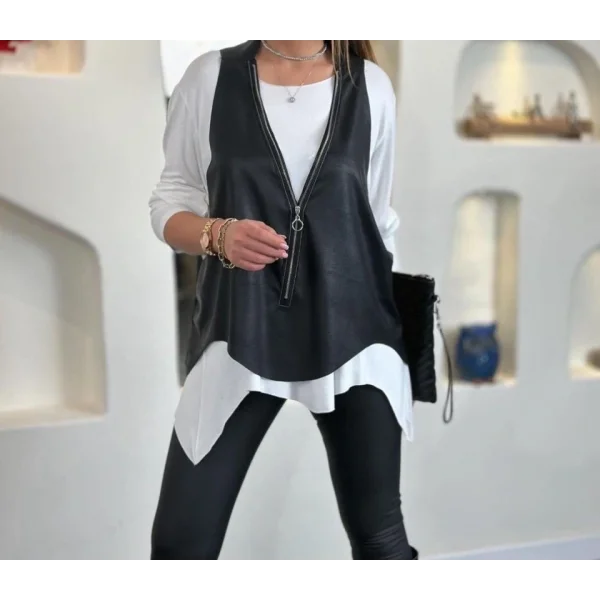 Kadın Uzun Kol Asimetrik Kesim Viskon Bluz Ve çatlak Deri Görünümlü Fermuar Detaylı Yelek Ikili Takım