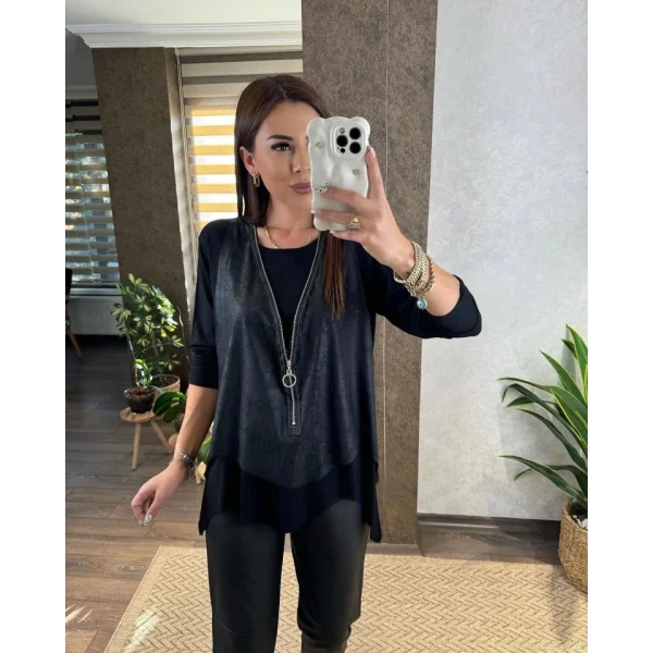 Kadın Uzun Kol Asimetrik Kesim Viskon Bluz Ve çatlak Deri Görünümlü Fermuar Detaylı Yelek Ikili Takım