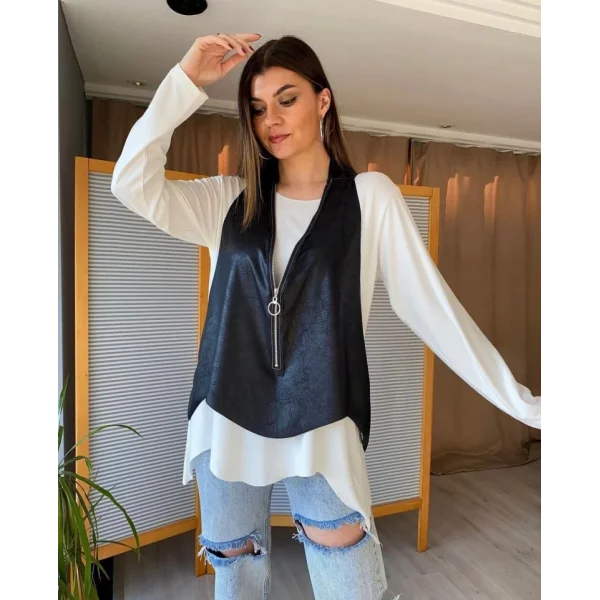 Kadın Uzun Kol Asimetrik Kesim Viskon Bluz Ve çatlak Deri Görünümlü Fermuar Detaylı Yelek Ikili Takım