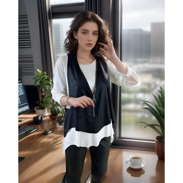 Kadın Uzun Kol Asimetrik Kesim Viskon Bluz Ve çatlak Deri Görünümlü Fermuar Detaylı Yelek Ikili Takım