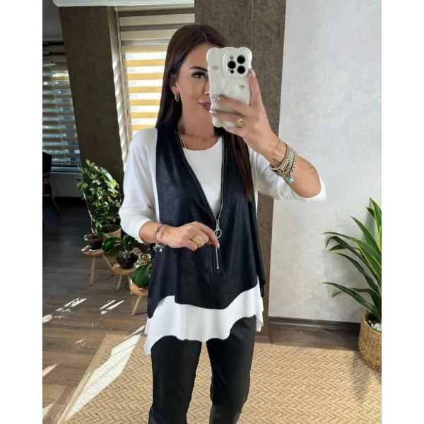 Kadın Uzun Kol Asimetrik Kesim Viskon Bluz Ve çatlak Deri Görünümlü Fermuar Detaylı Yelek Ikili Takım