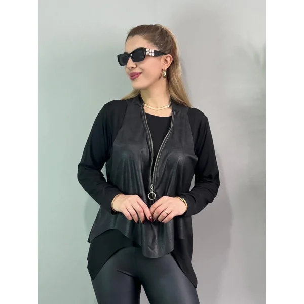 Kadın Uzun Kol Asimetrik Kesim Viskon Bluz Ve çatlak Deri Görünümlü Fermuar Detaylı Yelek Ikili Takım