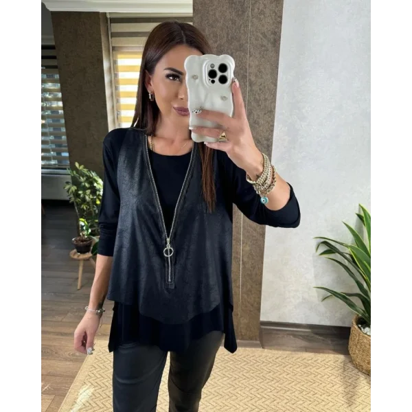 Kadın Uzun Kol Asimetrik Kesim Viskon Bluz Ve çatlak Deri Görünümlü Fermuar Detaylı Yelek Ikili Takım