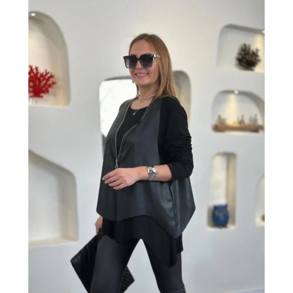 Kadın Uzun Kol Asimetrik Kesim Viskon Bluz Ve çatlak Deri Görünümlü Fermuar Detaylı Yelek Ikili Takım