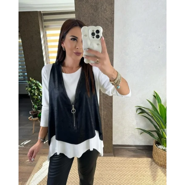 Kadın Uzun Kol Asimetrik Kesim Viskon Bluz Ve çatlak Deri Görünümlü Fermuar Detaylı Yelek Ikili Takım