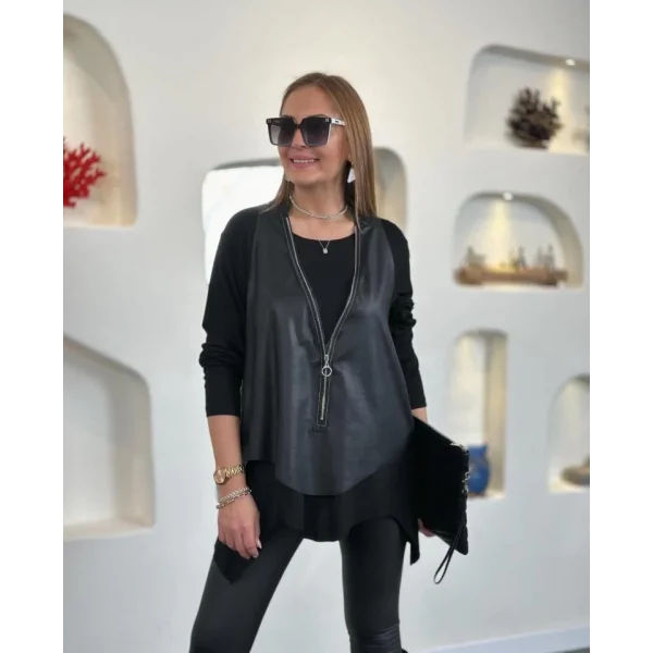 Kadın Uzun Kol Asimetrik Kesim Viskon Bluz Ve çatlak Deri Görünümlü Fermuar Detaylı Yelek Ikili Takım