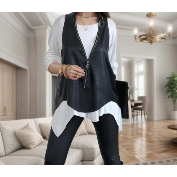 Kadın Uzun Kol Asimetrik Kesim Viskon Bluz Ve çatlak Deri Görünümlü Fermuar Detaylı Yelek Ikili Takım