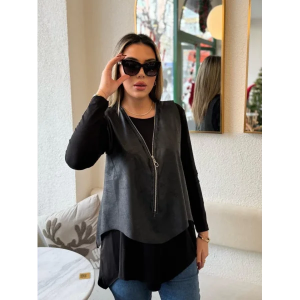 Kadın Uzun Kol Asimetrik Kesim Viskon Bluz Ve çatlak Deri Görünümlü Fermuar Detaylı Yelek Ikili Takım