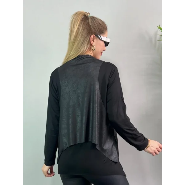 Kadın Uzun Kol Asimetrik Kesim Viskon Bluz Ve çatlak Deri Görünümlü Fermuar Detaylı Yelek Ikili Takım