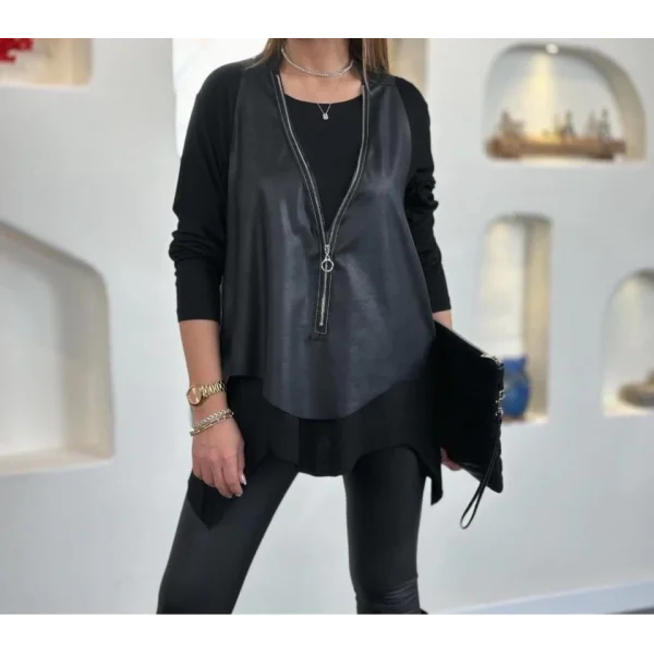 Kadın Uzun Kol Asimetrik Kesim Viskon Bluz Ve çatlak Deri Görünümlü Fermuar Detaylı Yelek Ikili Takım