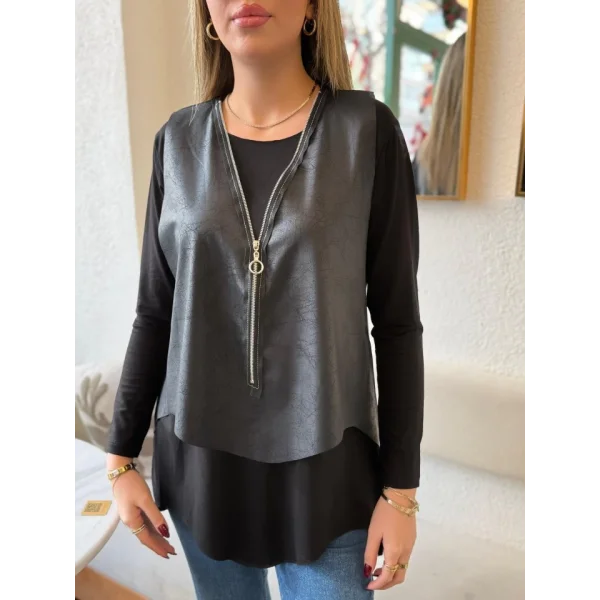 Kadın Uzun Kol Asimetrik Kesim Viskon Bluz Ve çatlak Deri Görünümlü Fermuar Detaylı Yelek Ikili Takım