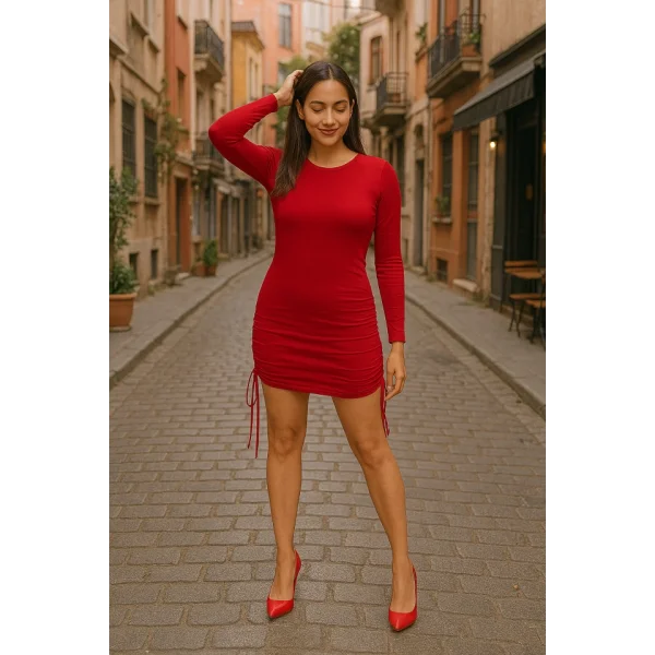 Kadın Uzun Kol Büzgü Detaylı Sandy Kumaş Ayarlanabilir Boy Fırsat Ürün Elbise