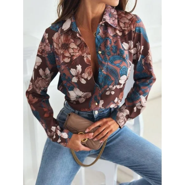 Kadın Uzun Kol Cep Detay çiçek Baskılı Mosskrep Kumaş Gömlek