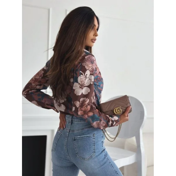 Kadın Uzun Kol Cep Detay çiçek Baskılı Mosskrep Kumaş Gömlek