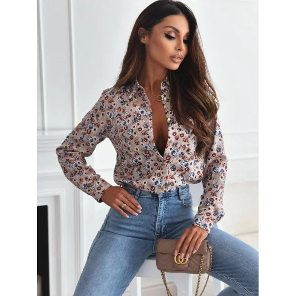 Kadın Uzun Kol Cep Detay çiçek Baskılı Mosskrep Kumaş Gömlek