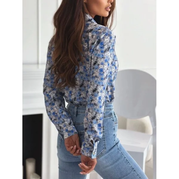 Kadın Uzun Kol Cep Detay çiçek Baskılı Mosskrep Kumaş Gömlek