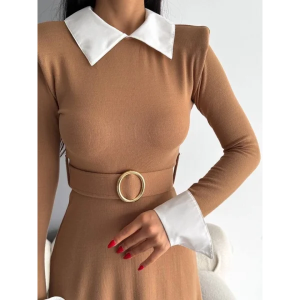 Kadın Uzun Kol Gömlek Yaka Ve Vatka Detay Kemer Dahil idi Boy Elbise