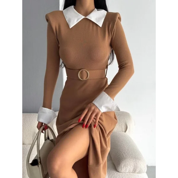 Kadın Uzun Kol Gömlek Yaka Ve Vatka Detay Kemer Dahil idi Boy Elbise