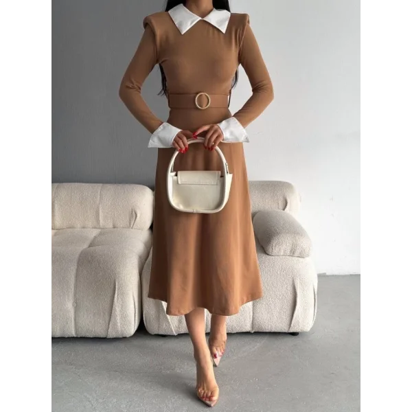 Kadın Uzun Kol Gömlek Yaka Ve Vatka Detay Kemer Dahil idi Boy Elbise