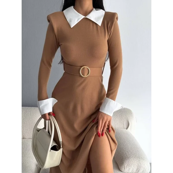 Kadın Uzun Kol Gömlek Yaka Ve Vatka Detay Kemer Dahil idi Boy Elbise