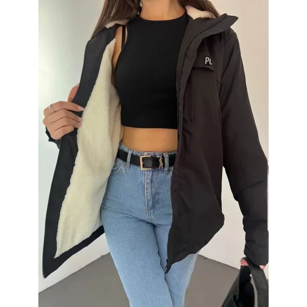 Kadın Uzun Kol Kapüşonlu İçi Kürklü Mont - Siyah