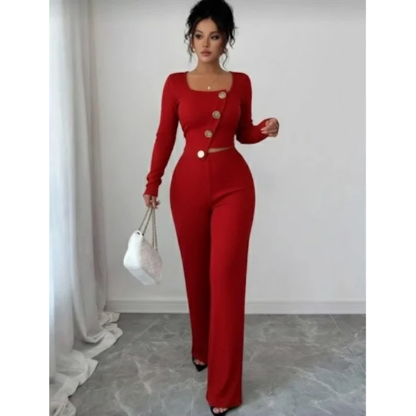 Kadın Uzun Kol Kare Yaka Asimetrik Düğme Detay Bluz Ve Yüksek Bel Pantolon Ikili Takım