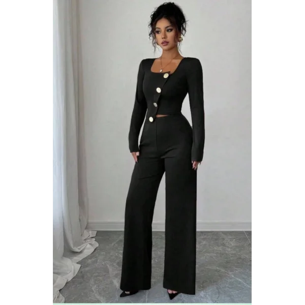 Kadın Uzun Kol Kare Yaka Asimetrik Düğme Detay Bluz Ve Yüksek Bel Pantolon Ikili Takım