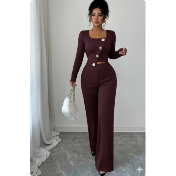 Kadın Uzun Kol Kare Yaka Asimetrik Düğme Detay Bluz Ve Yüksek Bel Pantolon Ikili Takım