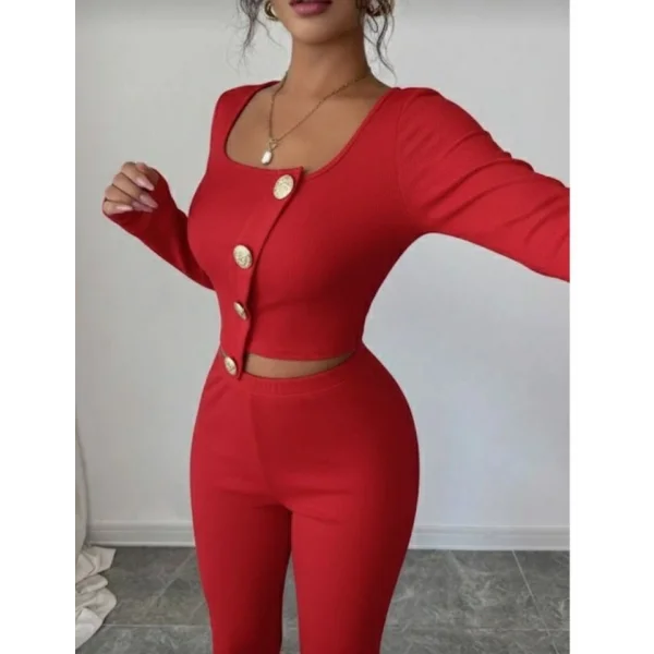 Kadın Uzun Kol Kare Yaka Asimetrik Düğme Detay Bluz Ve Yüksek Bel Pantolon Ikili Takım