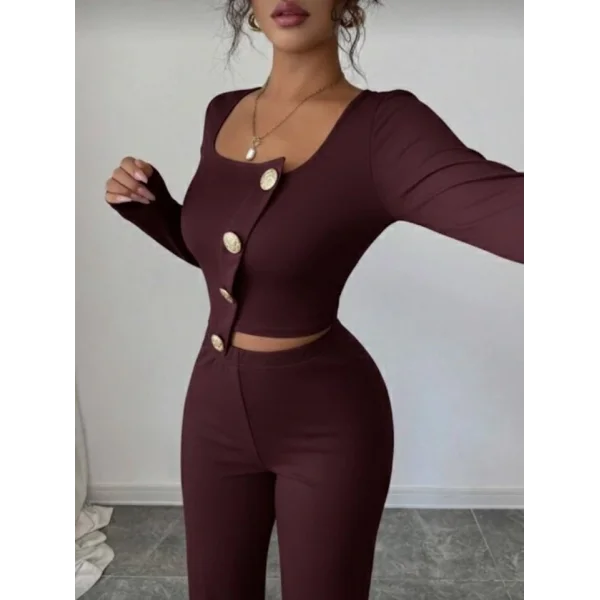 Kadın Uzun Kol Kare Yaka Asimetrik Düğme Detay Bluz Ve Yüksek Bel Pantolon Ikili Takım