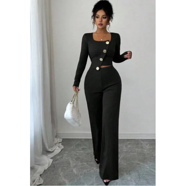 Kadın Uzun Kol Kare Yaka Asimetrik Düğme Detay Bluz Ve Yüksek Bel Pantolon Ikili Takım