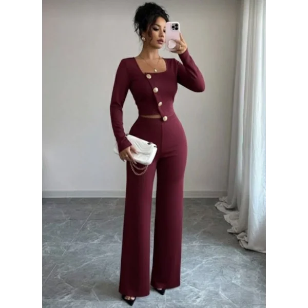 Kadın Uzun Kol Kare Yaka Asimetrik Düğme Detay Bluz Ve Yüksek Bel Pantolon Ikili Takım