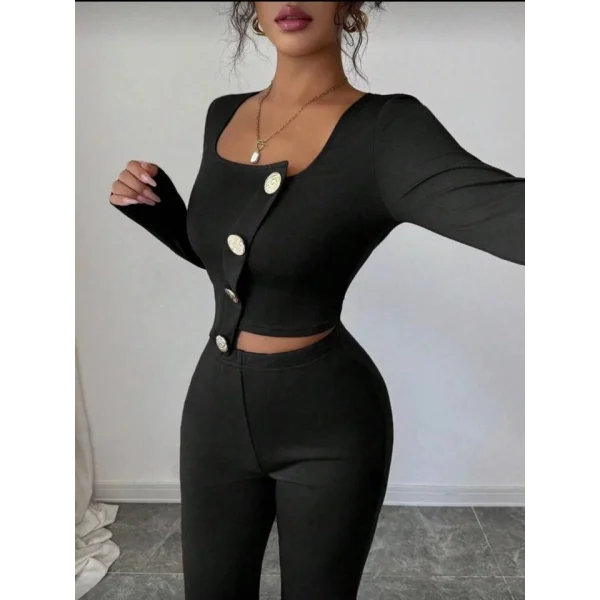 Kadın Uzun Kol Kare Yaka Asimetrik Düğme Detay Bluz Ve Yüksek Bel Pantolon Ikili Takım