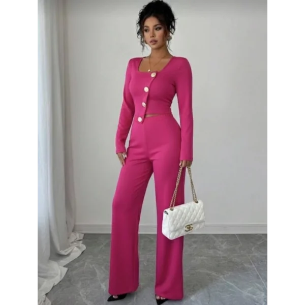 Kadın Uzun Kol Kare Yaka Asimetrik Düğme Detay Bluz Ve Yüksek Bel Pantolon Ikili Takım