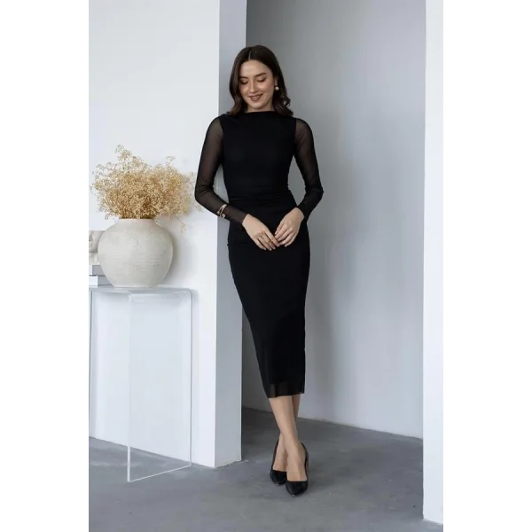 Kadın Uzun Kol Tül Drapeli idi Boy Elbise