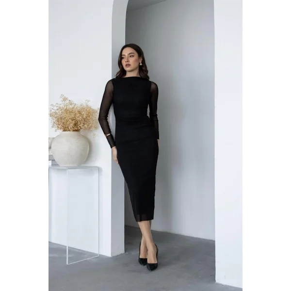 Kadın Uzun Kol Tül Drapeli idi Boy Elbise