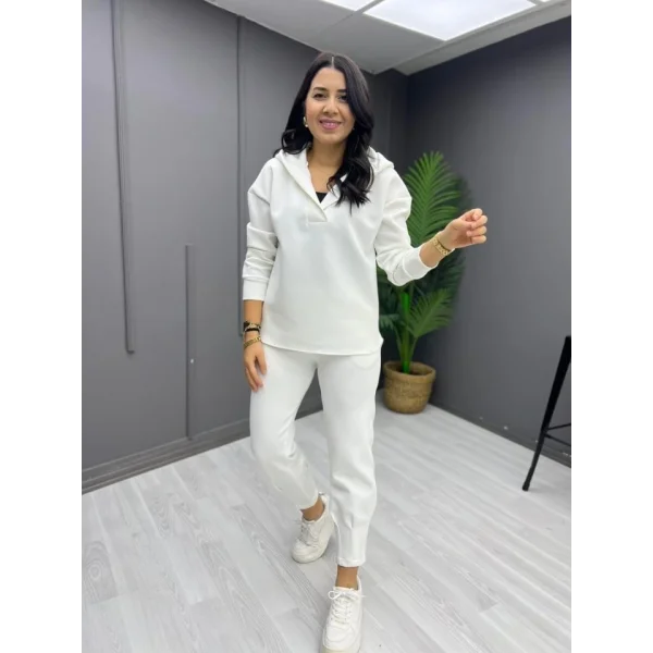 Kadın Uzun Kol V Yaka Kapüşon Detay Sweat Ve Yüksel Bel Eşofman Ikili Takım